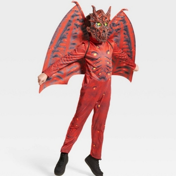 NEW  Light Up Red Dragon Costume Jumpsuit Wings and Mask - Picture 12 of 16